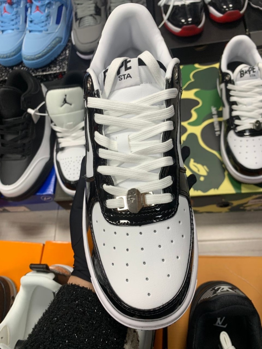Bape STA Low Top Sneakers in White and Black Patent - Picture 2 of 5